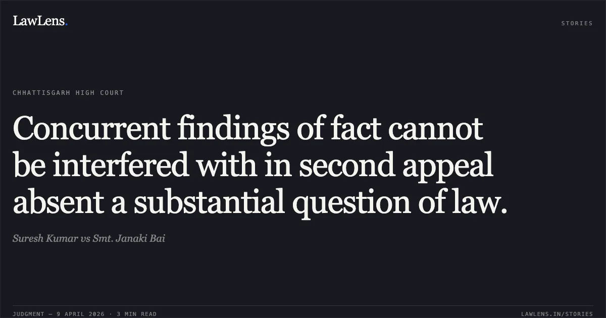 Concurrent findings of fact cannot be interfered with in second appeal absent a substantial question of law.. Suresh Kumar vs Smt. Janaki Bai. Chhattisgarh High Court. LawLens
