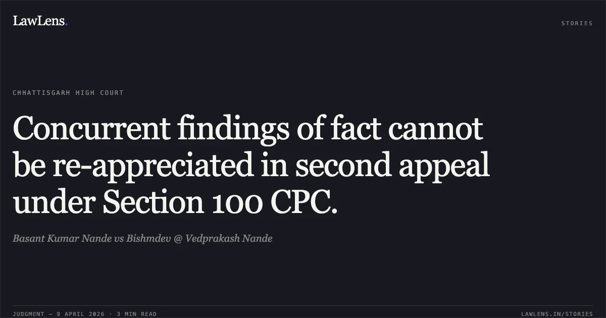 Concurrent findings of fact cannot be re-appreciated in second appeal under Section 100 CPC.. Basant Kumar Nande vs Bishmdev @ Vedprakash Nande. Chhattisgarh High Court. LawLens