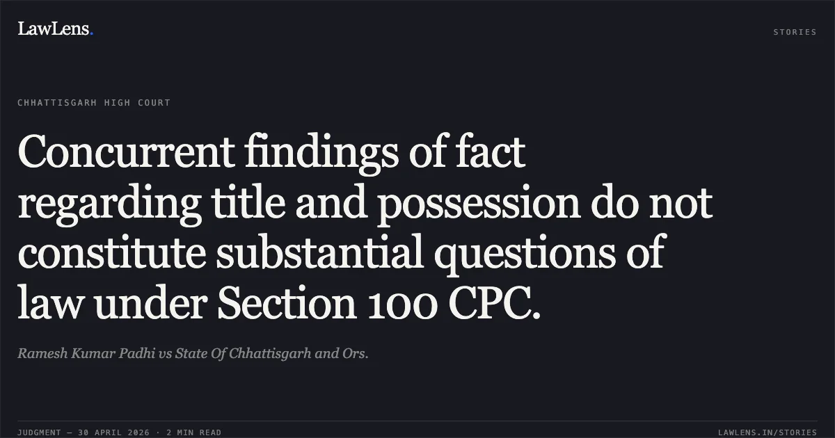 Concurrent findings of fact regarding title and possession do not constitute substantial questions of law under Section 100 CPC.. Ramesh Kumar Padhi vs State Of Chhattisgarh and Ors.. Chhattisgarh High Court. LawLens