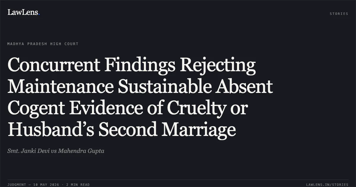 Concurrent Findings Rejecting Maintenance Sustainable Absent Cogent Evidence of Cruelty or Husband’s Second Marriage. Smt. Janki Devi vs Mahendra Gupta. Madhya Pradesh High Court. LawLens