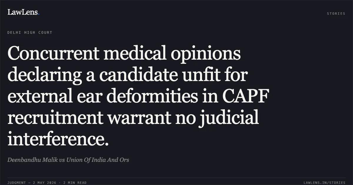 Concurrent medical opinions declaring a candidate unfit for external ear deformities in CAPF recruitment warrant no judicial interference.. Deenbandhu Malik vs Union Of India And Ors. Delhi High Court. LawLens