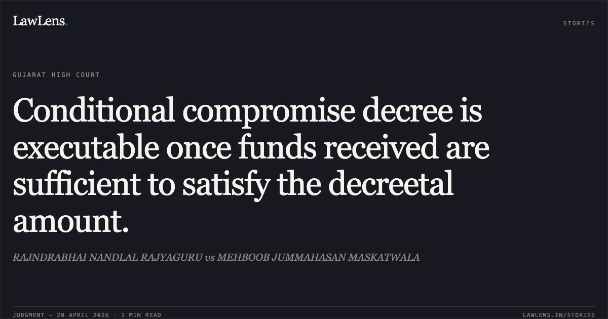 Conditional compromise decree is executable once funds received are sufficient to satisfy the decreetal amount.. RAJNDRABHAI NANDLAL RAJYAGURU vs MEHBOOB JUMMAHASAN MASKATWALA. Gujarat High Court. LawLens