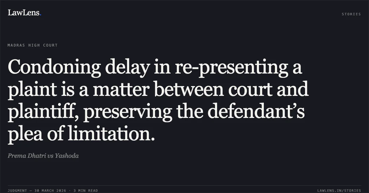 Condoning delay in re-presenting a plaint is a matter between court and plaintiff, preserving the defendant’s plea of limitation.. Prema Dhatri vs Yashoda. Madras High Court. LawLens