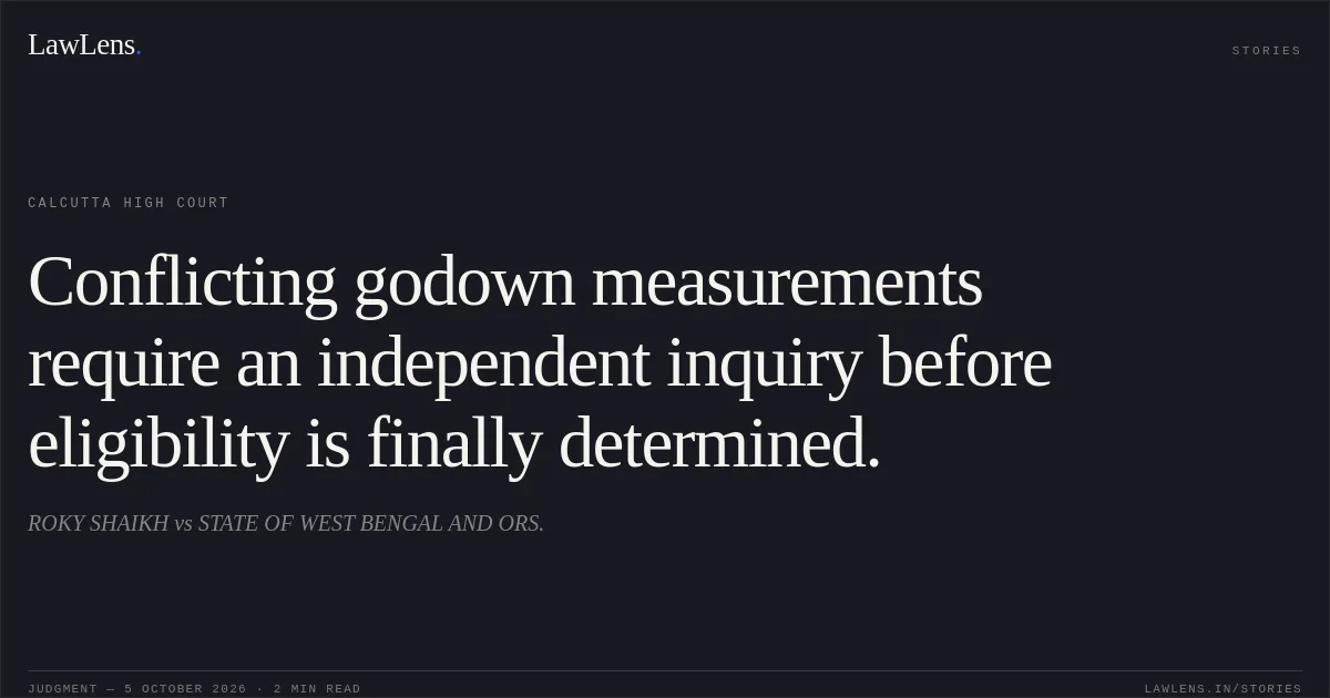 Conflicting godown measurements require an independent inquiry before eligibility is finally determined.. ROKY SHAIKH vs STATE OF WEST BENGAL AND ORS.. Calcutta High Court. LawLens