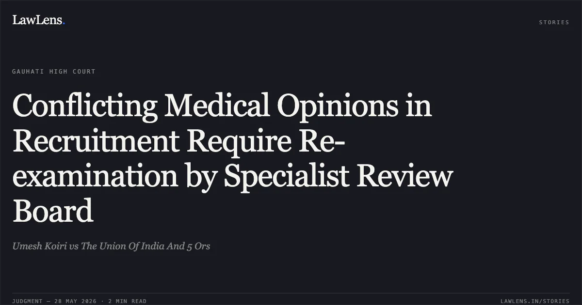 Conflicting Medical Opinions in Recruitment Require Re-examination by Specialist Review Board. Umesh Koiri vs The Union Of India And 5 Ors. Gauhati High Court. LawLens