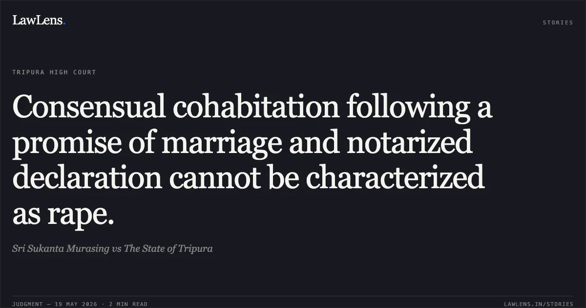 Consensual cohabitation following a promise of marriage and notarized declaration cannot be characterized as rape.. Sri Sukanta Murasing vs The State of Tripura. Tripura High Court. LawLens