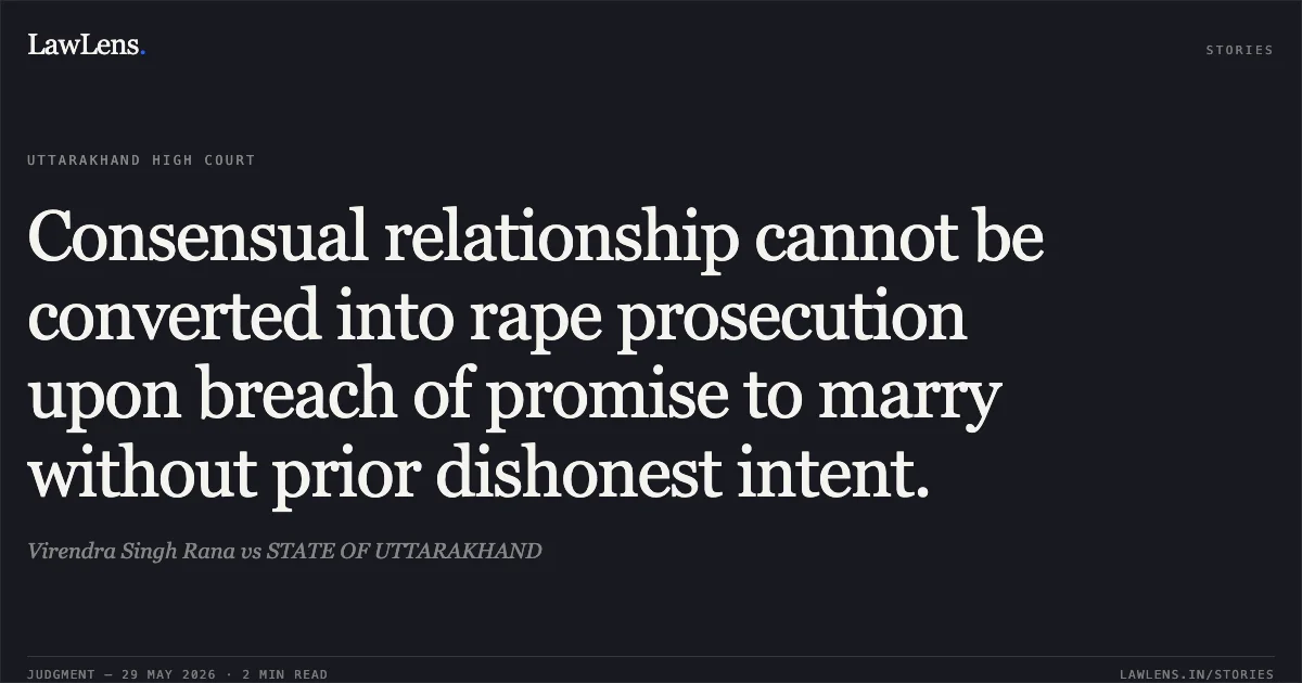 Consensual relationship cannot be converted into rape prosecution upon breach of promise to marry without prior dishonest intent.. Virendra Singh Rana vs STATE OF UTTARAKHAND. Uttarakhand High Court. LawLens
