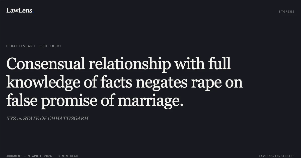 Consensual relationship with full knowledge of facts negates rape on false promise of marriage.. XYZ vs STATE OF CHHATTISGARH. Chhattisgarh High Court. LawLens