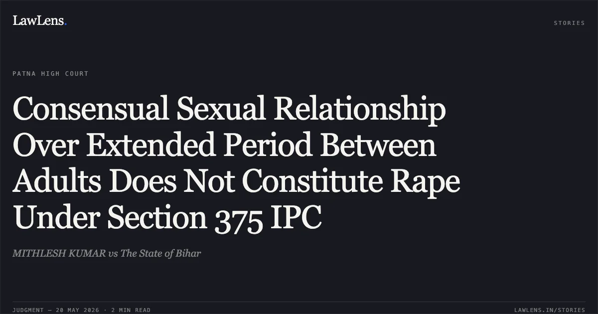 Consensual Sexual Relationship Over Extended Period Between Adults Does Not Constitute Rape Under Section 375 IPC. MITHLESH KUMAR vs The State of Bihar. Patna High Court. LawLens