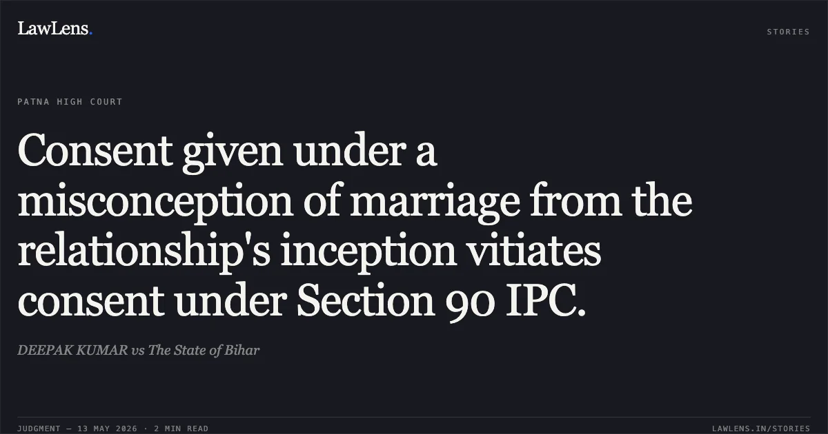 Consent given under a misconception of marriage from the relationship's inception vitiates consent under Section 90 IPC.. DEEPAK KUMAR vs The State of Bihar. Patna High Court. LawLens