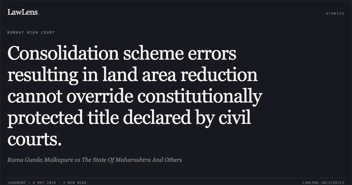 Consolidation scheme errors resulting in land area reduction cannot override constitutionally protected title declared by civil courts.. Rama Gunda Malkapure vs The State Of Maharashtra And Others. Bombay High Court. LawLens