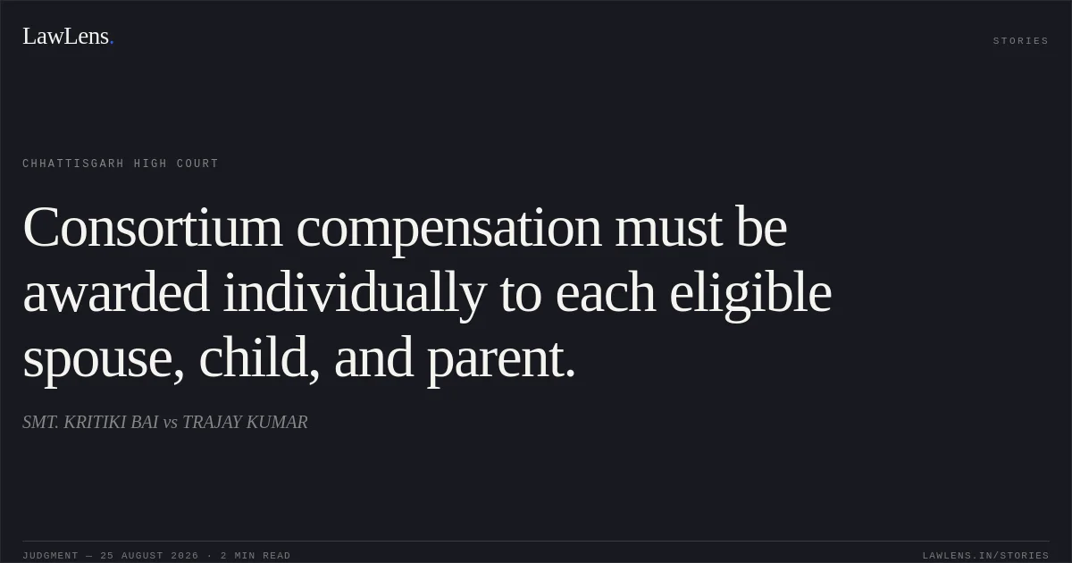 Consortium compensation must be awarded individually to each eligible spouse, child, and parent.. SMT. KRITIKI BAI vs TRAJAY KUMAR. Chhattisgarh High Court. LawLens