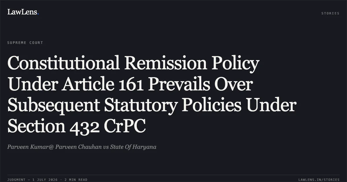 Constitutional Remission Policy Under Article 161 Prevails Over Subsequent Statutory Policies Under Section 432 CrPC. Parveen Kumar@ Parveen Chauhan vs State Of Haryana. Supreme Court. LawLens