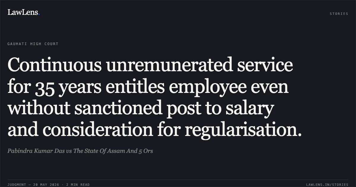 Continuous unremunerated service for 35 years entitles employee even without sanctioned post to salary and consideration for regularisation.. Pabindra Kumar Das vs The State Of Assam And 5 Ors. Gauhati High Court. LawLens