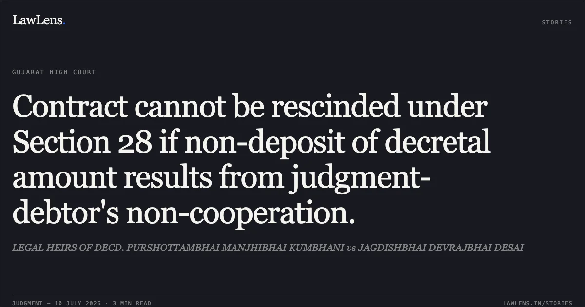 Contract cannot be rescinded under Section 28 if non-deposit of decretal amount results from judgment-debtor's non-cooperation.. LEGAL HEIRS OF DECD. PURSHOTTAMBHAI MANJHIBHAI KUMBHANI vs JAGDISHBHAI DEVRAJBHAI DESAI. Gujarat High Court. LawLens