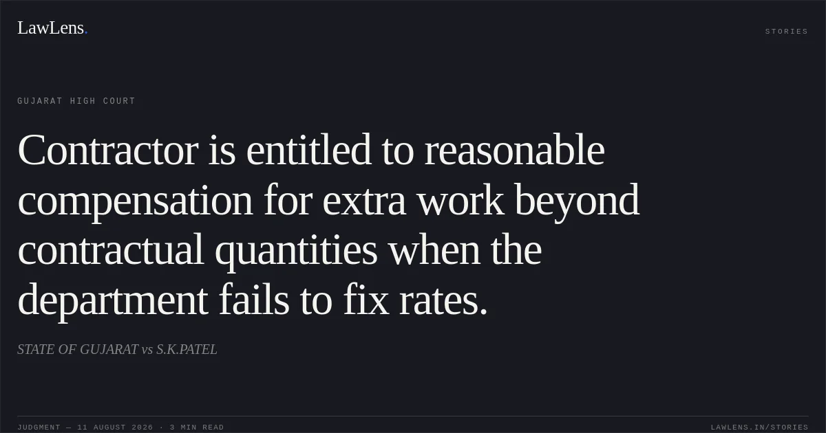 Contractor is entitled to reasonable compensation for extra work beyond contractual quantities when the department fails to fix rates.. STATE OF GUJARAT vs S.K.PATEL. Gujarat High Court. LawLens