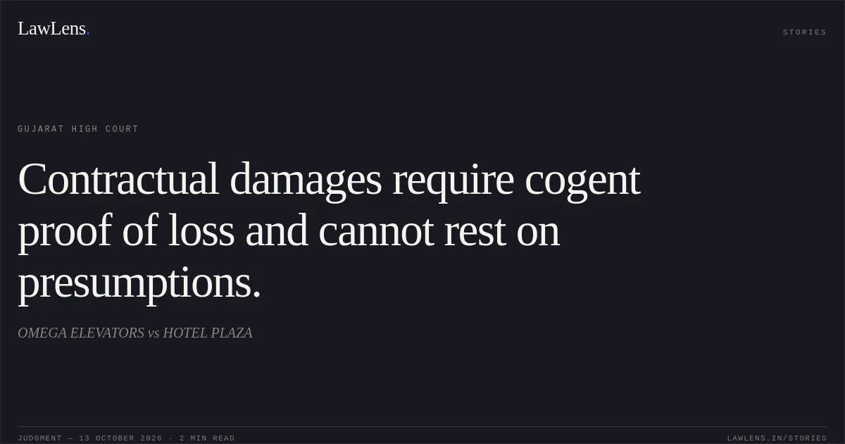 Contractual damages require cogent proof of loss and cannot rest on presumptions.. OMEGA ELEVATORS vs HOTEL PLAZA. Gujarat High Court. LawLens