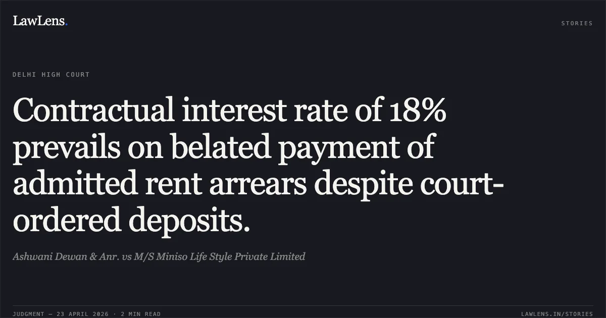 Contractual interest rate of 18% prevails on belated payment of admitted rent arrears despite court-ordered deposits.. Ashwani Dewan & Anr. vs M/S Miniso Life Style Private Limited. Delhi High Court. LawLens