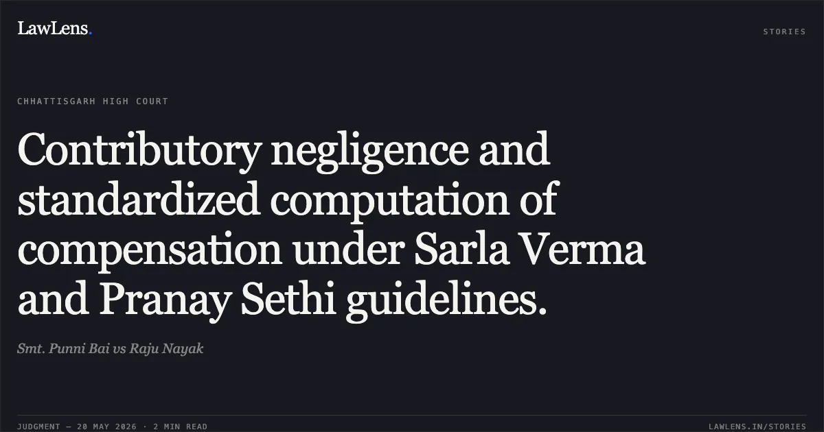 Contributory negligence and standardized computation of compensation under Sarla Verma and Pranay Sethi guidelines.. Smt. Punni Bai vs Raju Nayak. Chhattisgarh High Court. LawLens