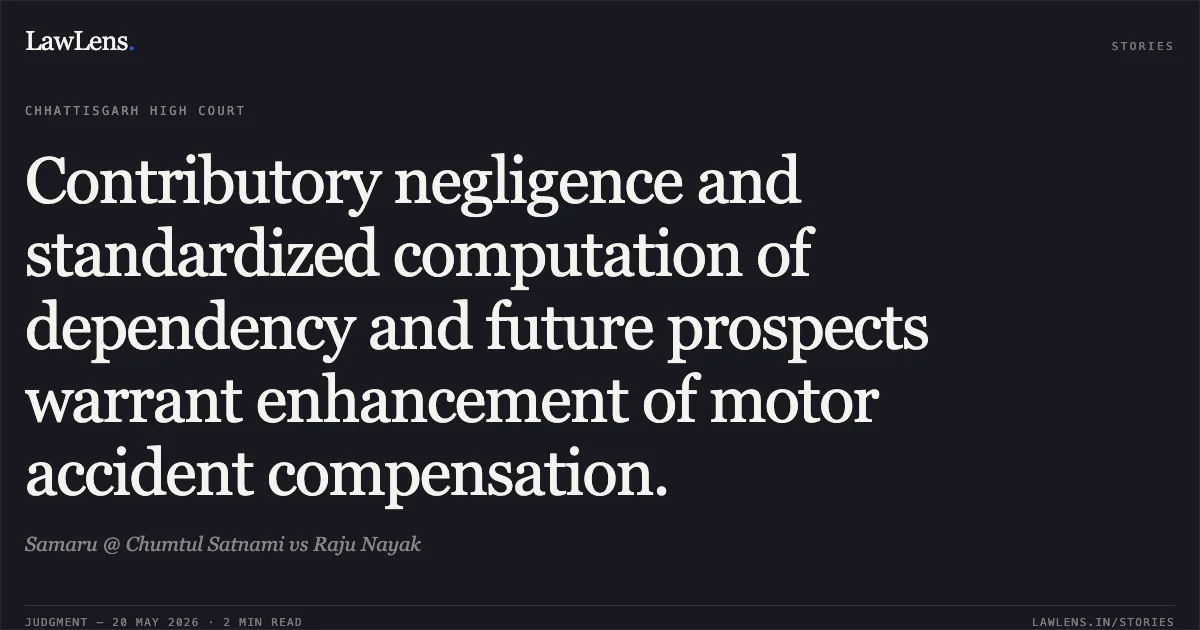 Contributory negligence and standardized computation of dependency and future prospects warrant enhancement of motor accident compensation.. Samaru @ Chumtul Satnami vs Raju Nayak. Chhattisgarh High Court. LawLens