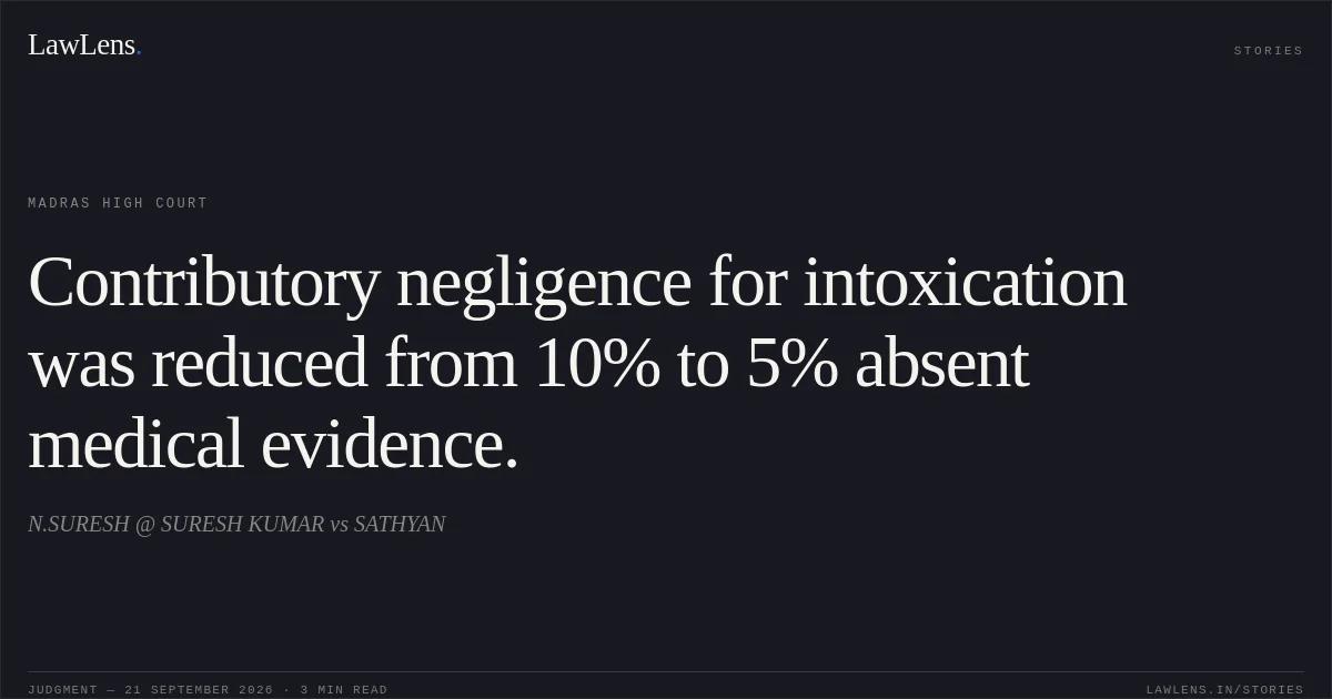 Contributory negligence for intoxication was reduced from 10% to 5% absent medical evidence.. N.SURESH @ SURESH KUMAR vs SATHYAN. Madras High Court. LawLens