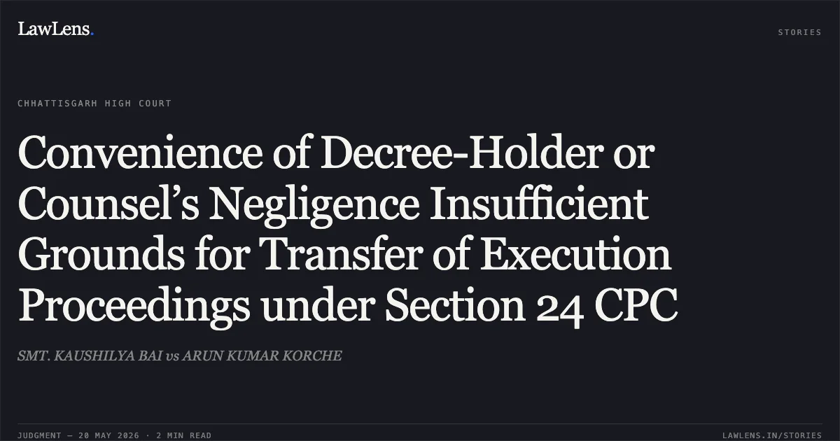 Convenience of Decree-Holder or Counsel’s Negligence Insufficient Grounds for Transfer of Execution Proceedings under Section 24 CPC. SMT. KAUSHILYA BAI vs ARUN KUMAR KORCHE. Chhattisgarh High Court. LawLens