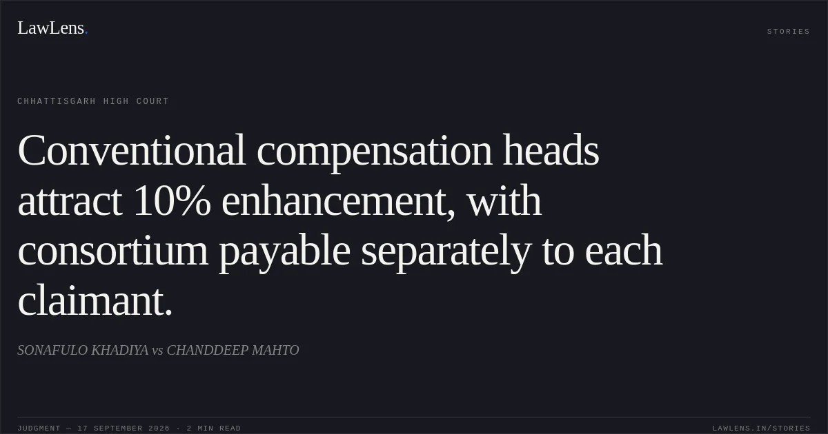 Conventional compensation heads attract 10% enhancement, with consortium payable separately to each claimant.. SONAFULO KHADIYA vs CHANDDEEP MAHTO. Chhattisgarh High Court. LawLens