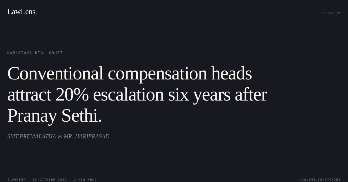Conventional compensation heads attract 20% escalation six years after Pranay Sethi.. SMT PREMALATHA vs MR. HARIPRASAD. Karnataka High Court. LawLens