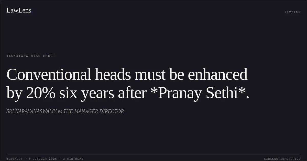 Conventional heads must be enhanced by 20% six years after *Pranay Sethi*.. SRI NARAYANASWAMY vs THE MANAGER DIRECTOR. Karnataka High Court. LawLens