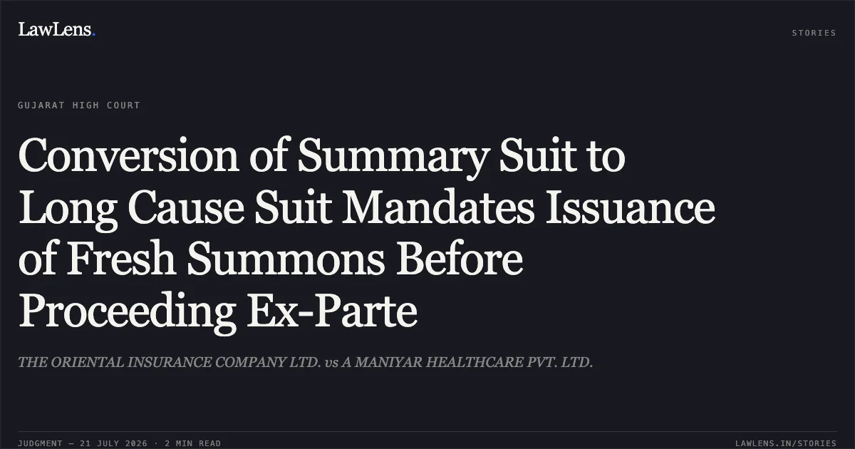 Conversion of Summary Suit to Long Cause Suit Mandates Issuance of Fresh Summons Before Proceeding Ex-Parte. THE ORIENTAL INSURANCE COMPANY LTD. vs A MANIYAR HEALTHCARE PVT. LTD.. Gujarat High Court. LawLens