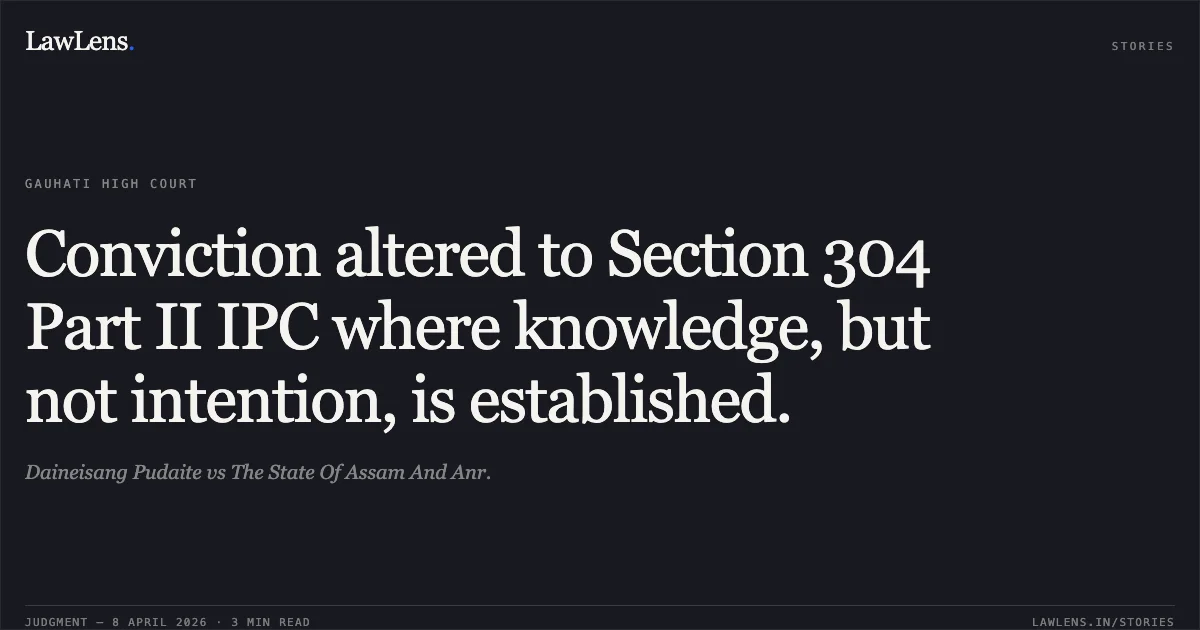 Conviction altered to Section 304 Part II IPC where knowledge, but not intention, is established.. Daineisang Pudaite vs The State Of Assam And Anr.. Gauhati High Court. LawLens