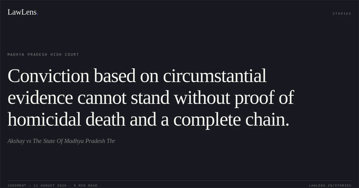Conviction based on circumstantial evidence cannot stand without proof of homicidal death and a complete chain.. Akshay vs The State Of Madhya Pradesh Thr. Madhya Pradesh High Court. LawLens