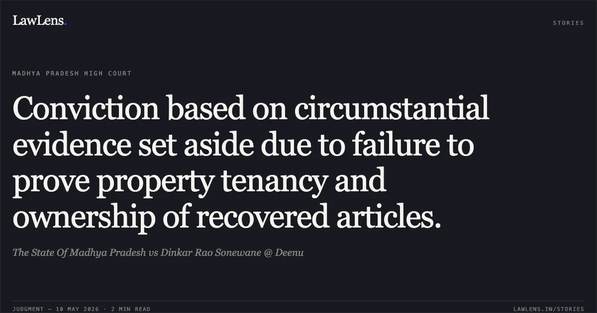 Conviction based on circumstantial evidence set aside due to failure to prove property tenancy and ownership of recovered articles.. The State Of Madhya Pradesh vs Dinkar Rao Sonewane @ Deenu. Madhya Pradesh High Court. LawLens