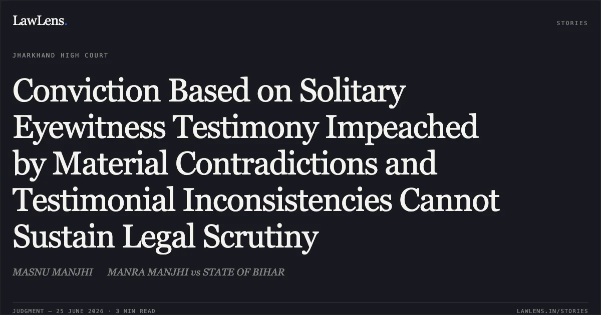 Conviction Based on Solitary Eyewitness Testimony Impeached by Material Contradictions and Testimonial Inconsistencies Cannot Sustain Legal Scrutiny. MASNU MANJHI  MANRA MANJHI vs STATE OF BIHAR. Jharkhand High Court. LawLens