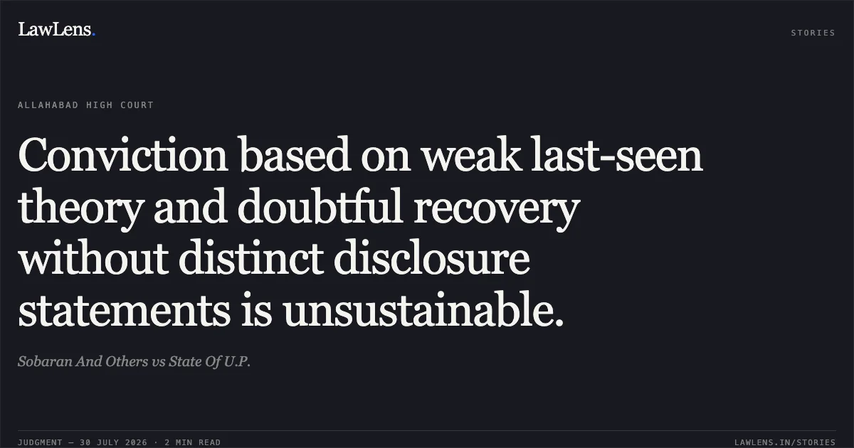 Conviction based on weak last-seen theory and doubtful recovery without distinct disclosure statements is unsustainable.. Sobaran And Others vs State Of U.P.. Allahabad High Court. LawLens