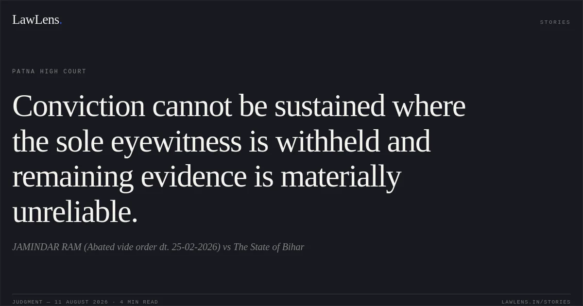Conviction cannot be sustained where the sole eyewitness is withheld and remaining evidence is materially unreliable.. JAMINDAR RAM (Abated vide order dt. 25-02-2026) vs The State of Bihar. Patna High Court. LawLens