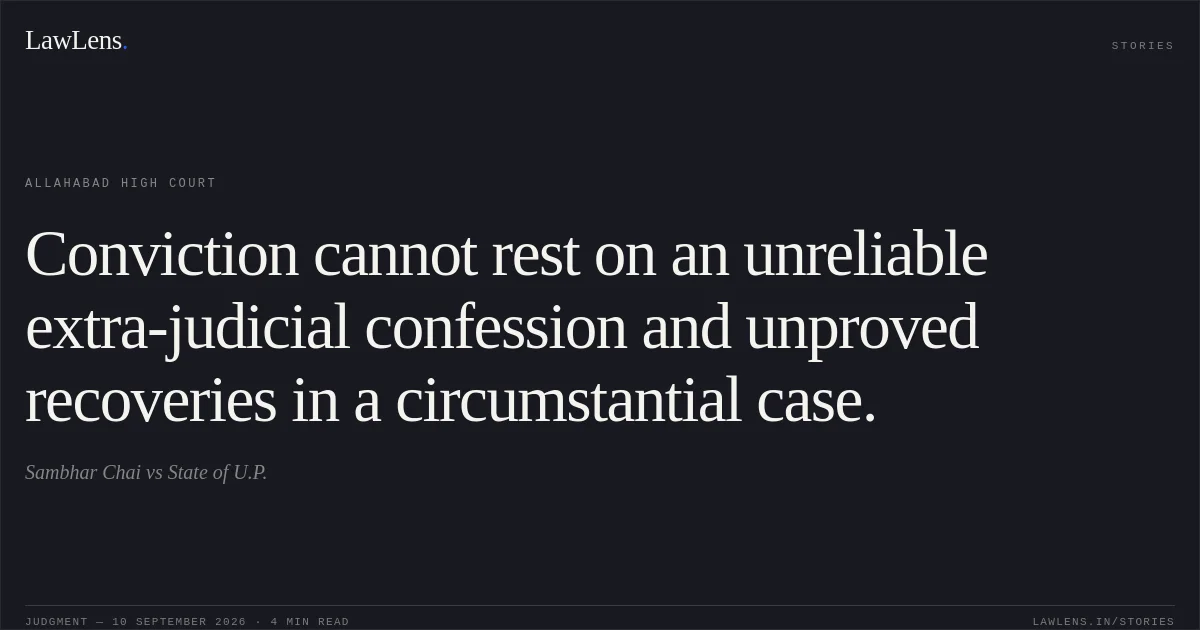 Conviction cannot rest on an unreliable extra-judicial confession and unproved recoveries in a circumstantial case.. Sambhar Chai vs State of U.P.. Allahabad High Court. LawLens