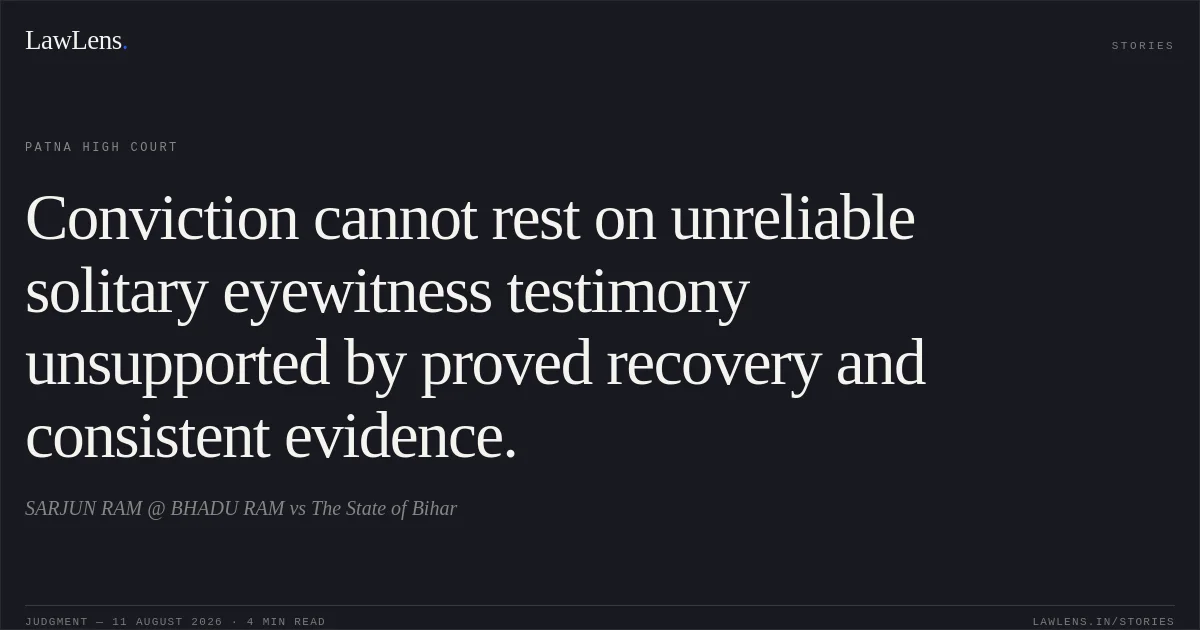 Conviction cannot rest on unreliable solitary eyewitness testimony unsupported by proved recovery and consistent evidence.. SARJUN RAM @ BHADU RAM vs The State of Bihar. Patna High Court. LawLens