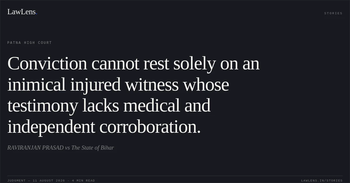 Conviction cannot rest solely on an inimical injured witness whose testimony lacks medical and independent corroboration.. RAVIRANJAN PRASAD vs The State of Bihar. Patna High Court. LawLens
