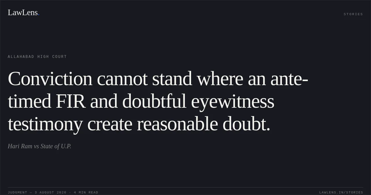 Conviction cannot stand where an ante-timed FIR and doubtful eyewitness testimony create reasonable doubt.. Hari Ram vs State of U.P.. Allahabad High Court. LawLens