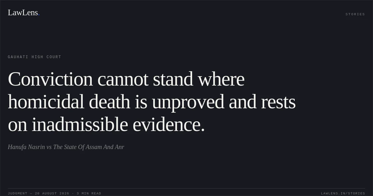 Conviction cannot stand where homicidal death is unproved and rests on inadmissible evidence.. Hanufa Nasrin vs The State Of Assam And Anr. Gauhati High Court. LawLens