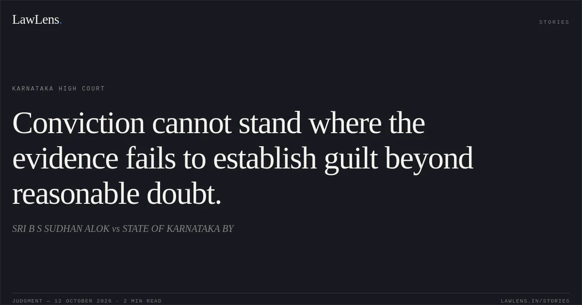 Conviction cannot stand where the evidence fails to establish guilt beyond reasonable doubt.. SRI B S SUDHAN ALOK vs STATE OF KARNATAKA BY. Karnataka High Court. LawLens