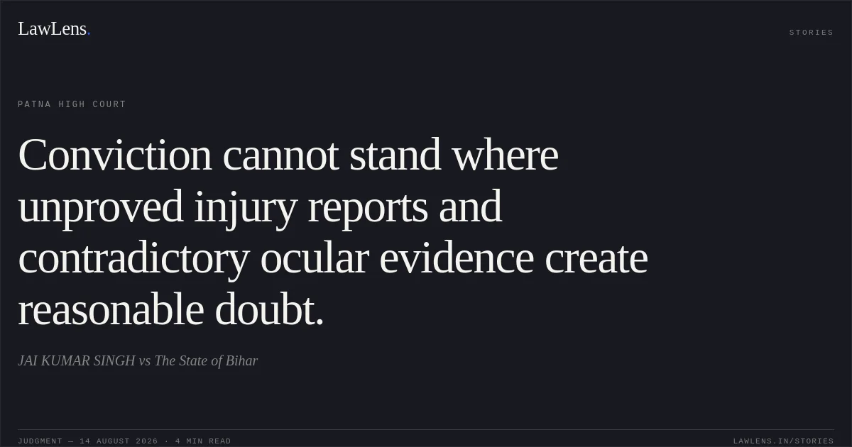 Conviction cannot stand where unproved injury reports and contradictory ocular evidence create reasonable doubt.. JAI KUMAR SINGH vs The State of Bihar. Patna High Court. LawLens