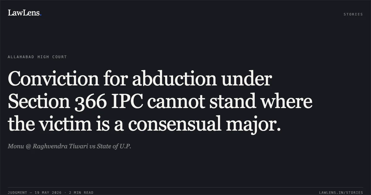 Conviction for abduction under Section 366 IPC cannot stand where the victim is a consensual major.. Monu @ Raghvendra Tiwari vs State of U.P.. Allahabad High Court. LawLens