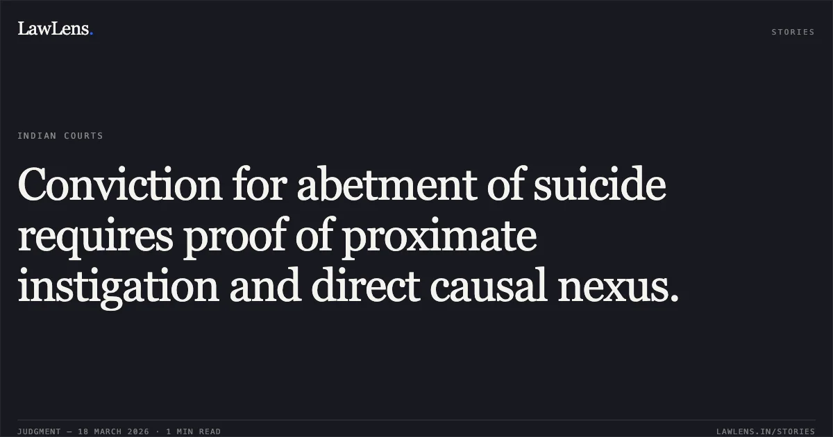 Conviction for abetment of suicide requires proof of proximate instigation and direct causal nexus.. STATE OF GUJARAT vs CHHAGANBHAI DURLABBHAI KATRODIYA. Gujarat High Court. LawLens