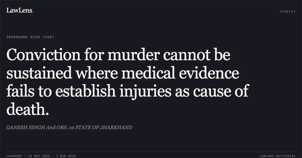 Conviction for murder cannot be sustained where medical evidence fails to establish injuries as cause of death.. GANESH SINGH And ORS. vs STATE OF JHARKHAND. Jharkhand High Court. LawLens