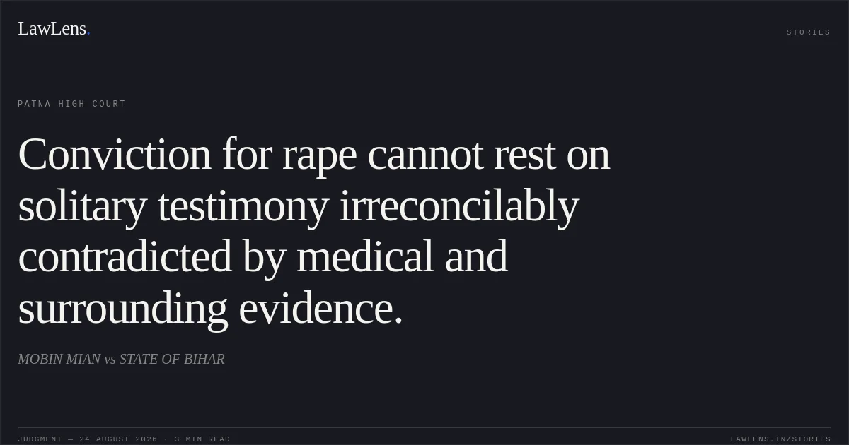 Conviction for rape cannot rest on solitary testimony irreconcilably contradicted by medical and surrounding evidence.. MOBIN MIAN vs STATE OF BIHAR. Patna High Court. LawLens