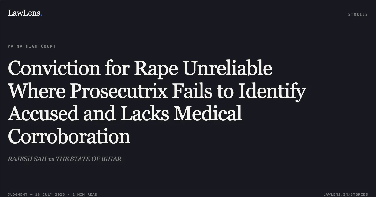 Conviction for Rape Unreliable Where Prosecutrix Fails to Identify Accused and Lacks Medical Corroboration. RAJESH SAH vs THE STATE OF BIHAR. Patna High Court. LawLens