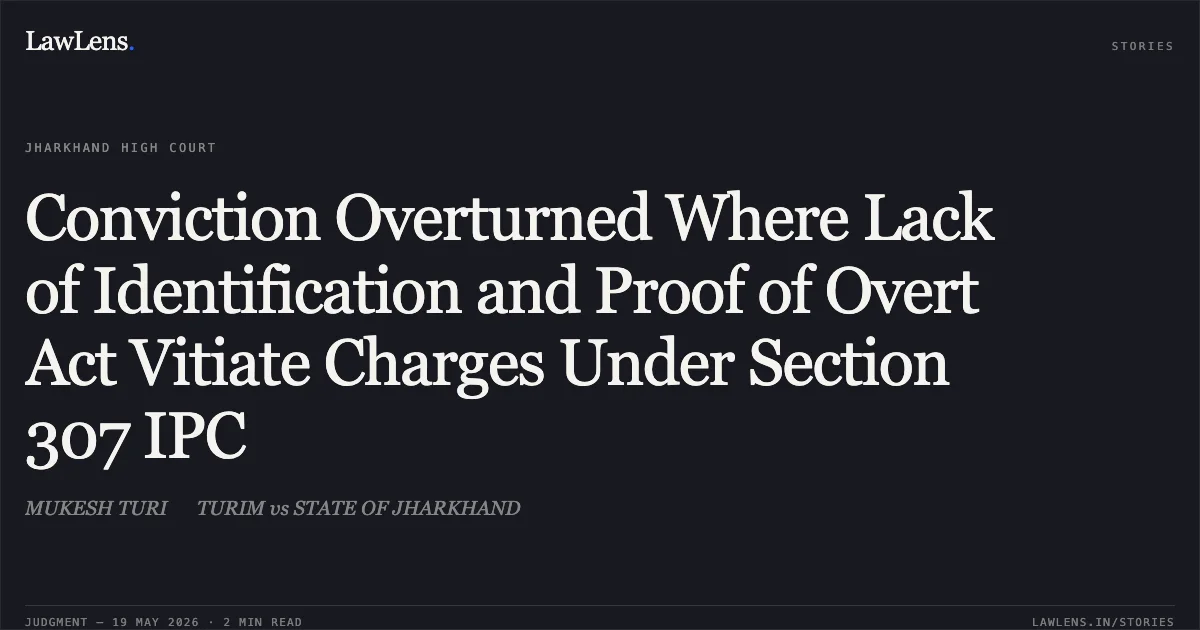 Conviction Overturned Where Lack of Identification and Proof of Overt Act Vitiate Charges Under Section 307 IPC. MUKESH TURI  TURIM vs STATE OF JHARKHAND. Jharkhand High Court. LawLens