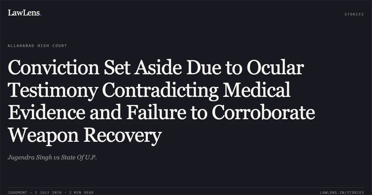 Conviction Set Aside Due to Ocular Testimony Contradicting Medical Evidence and Failure to Corroborate Weapon Recovery. Jugendra Singh vs State Of U.P.. Allahabad High Court. LawLens